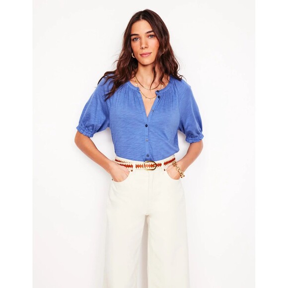 NEW Boden Isla Jersey Shirt US 0 Blue Button Front Short Puff Sleeve Stretch NWT - Picture 1 of 8